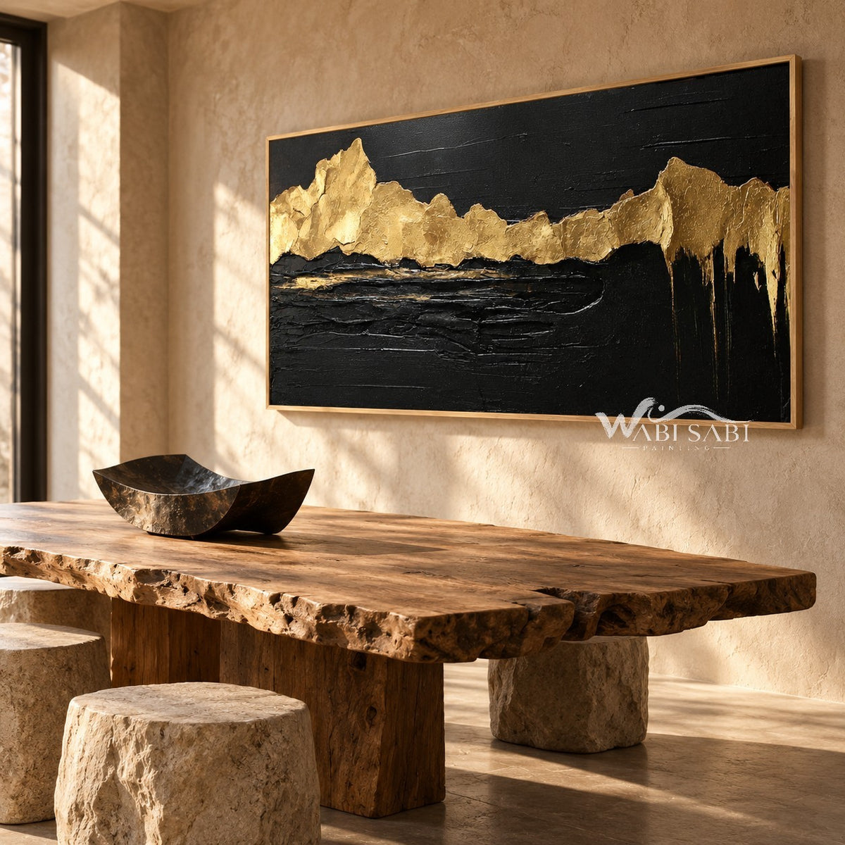 Golden Ridgeline on Black Canvas shown in a dining area.