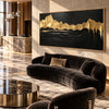 Golden Ridgeline on Black Canvas shown above a sofa.