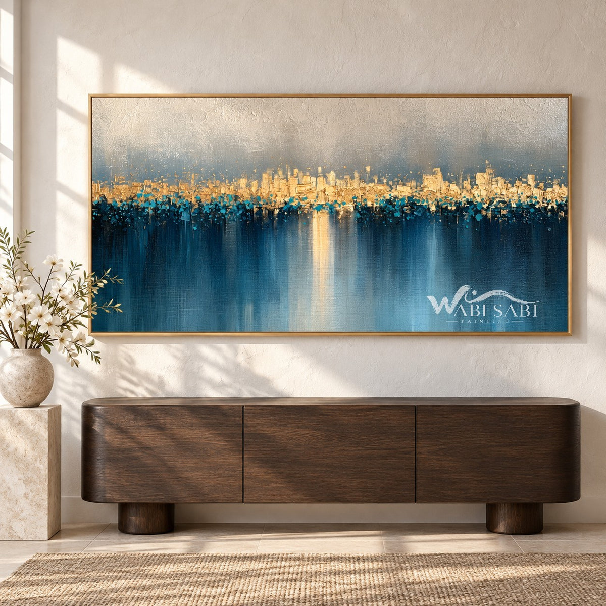 Golden Skyline over Blue Water shown above a console.