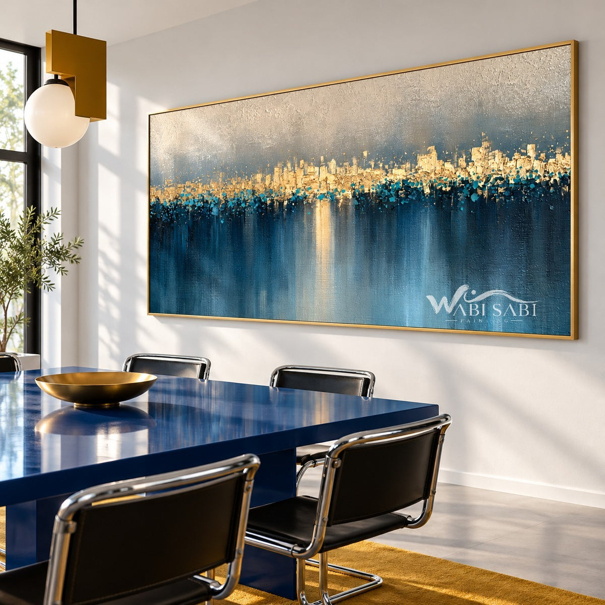 Golden Skyline over Blue Water shown in a dining area.