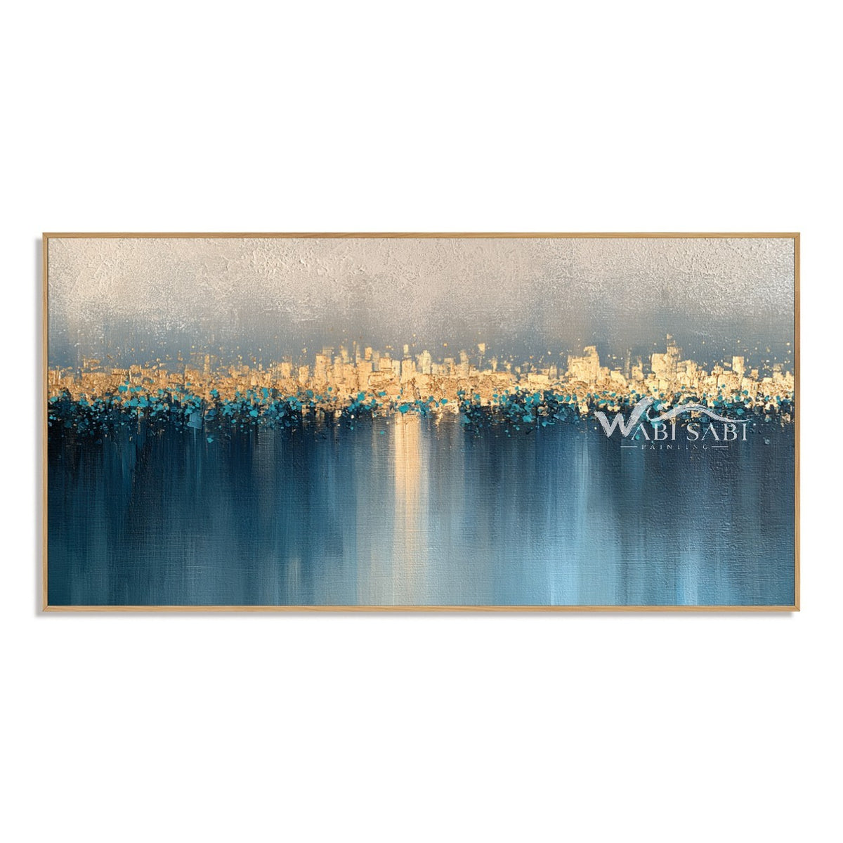 Golden Skyline over Blue Water on a white background.