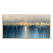 Golden Skyline over Blue Water on a white background.