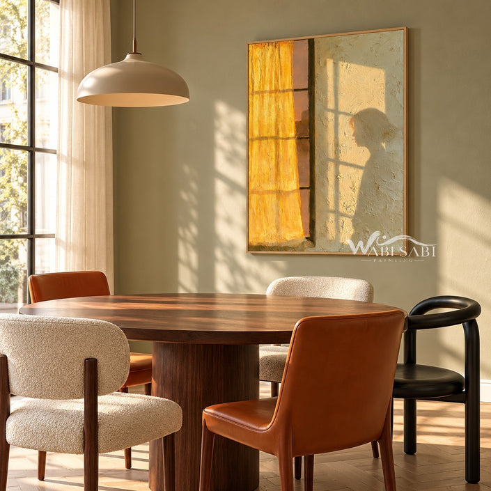 Golden Window Light and Bowed Figure Wall Art shown above a dining table.