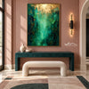 Green and Gold Color Abstract Wall Art shown above a green console and pale bench.