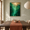 Green and Gold Color Abstract Wall Art shown behind a dining table.