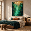 Green and Gold Color Abstract Wall Art shown above a bed with dark green bedding.