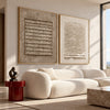 Grid and Ridges Neutral 2-Piece Set shown above a sofa.