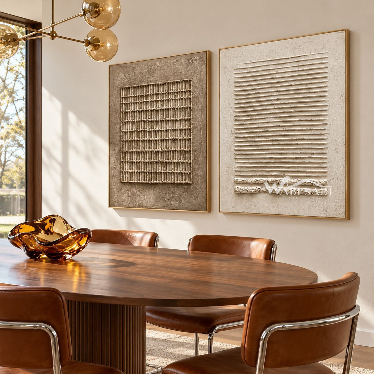 Grid and Ridges Neutral 2-Piece Set shown in a dining area.