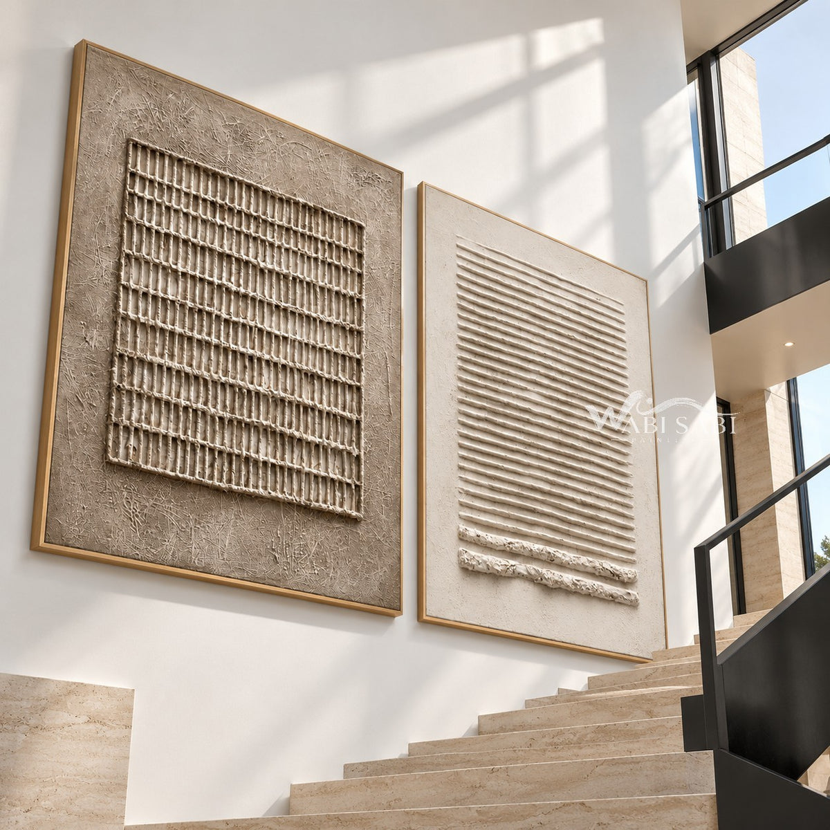 Grid and Ridges Neutral 2-Piece Set shown beside a staircase.