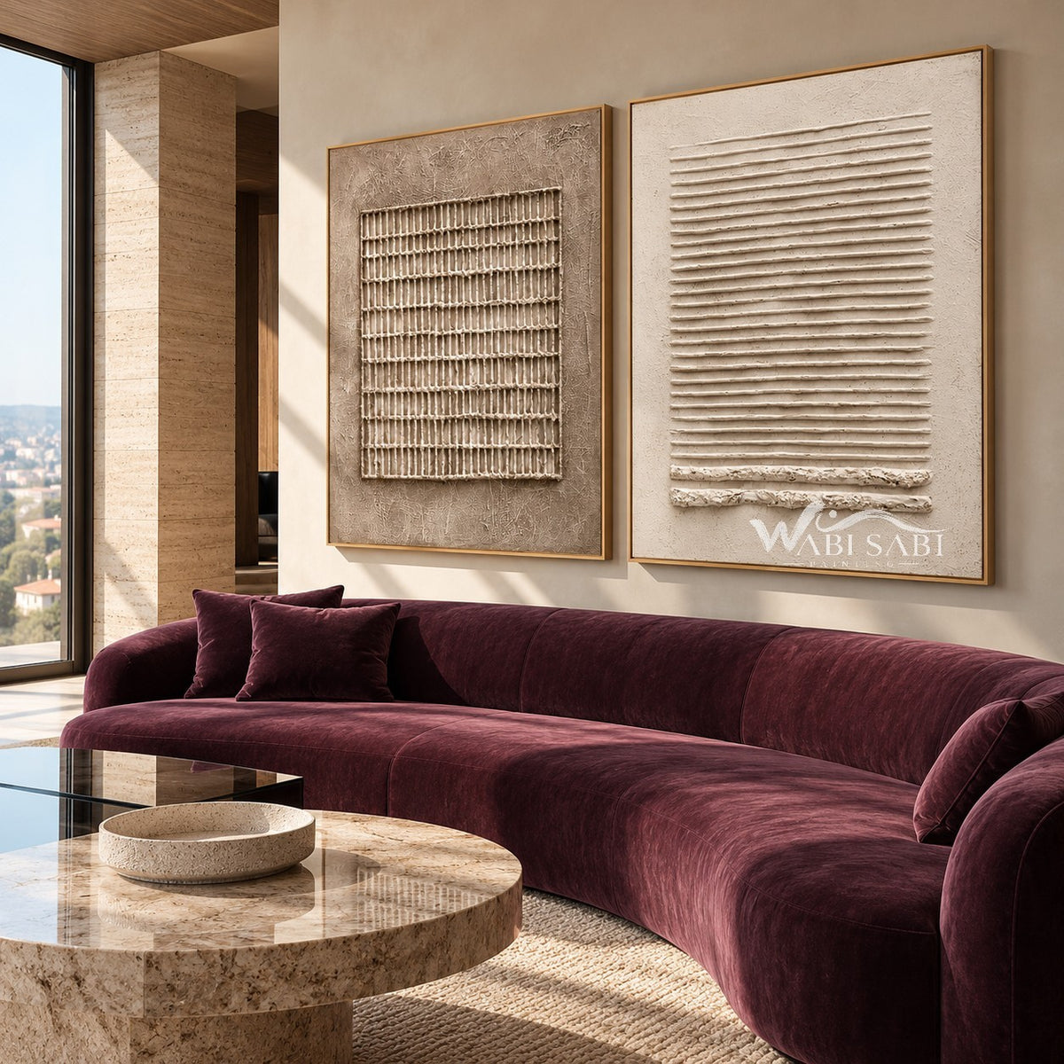 Grid and Ridges Neutral 2-Piece Set shown above a sofa.
