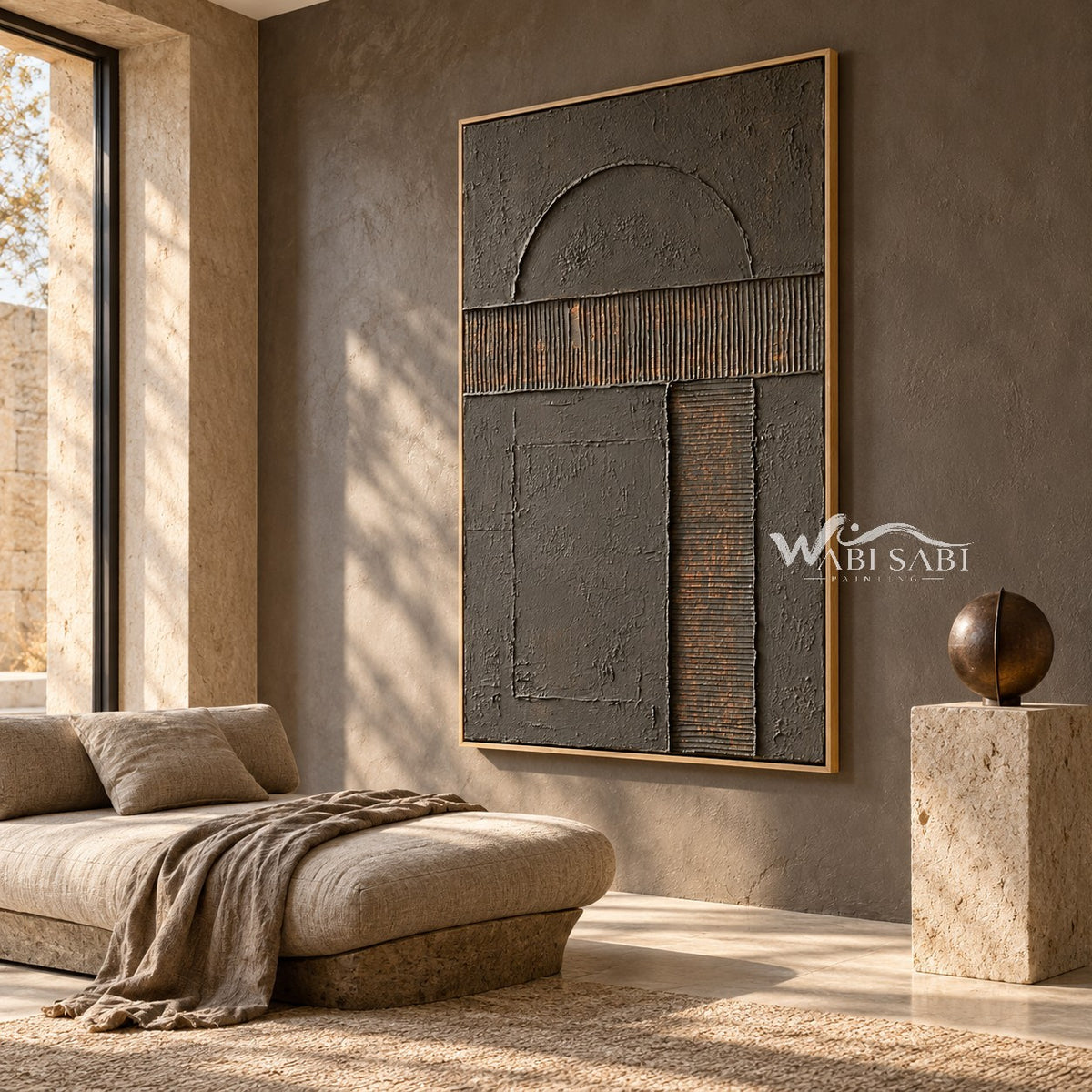 Half Circle in Charcoal Painting shown in a seating area.