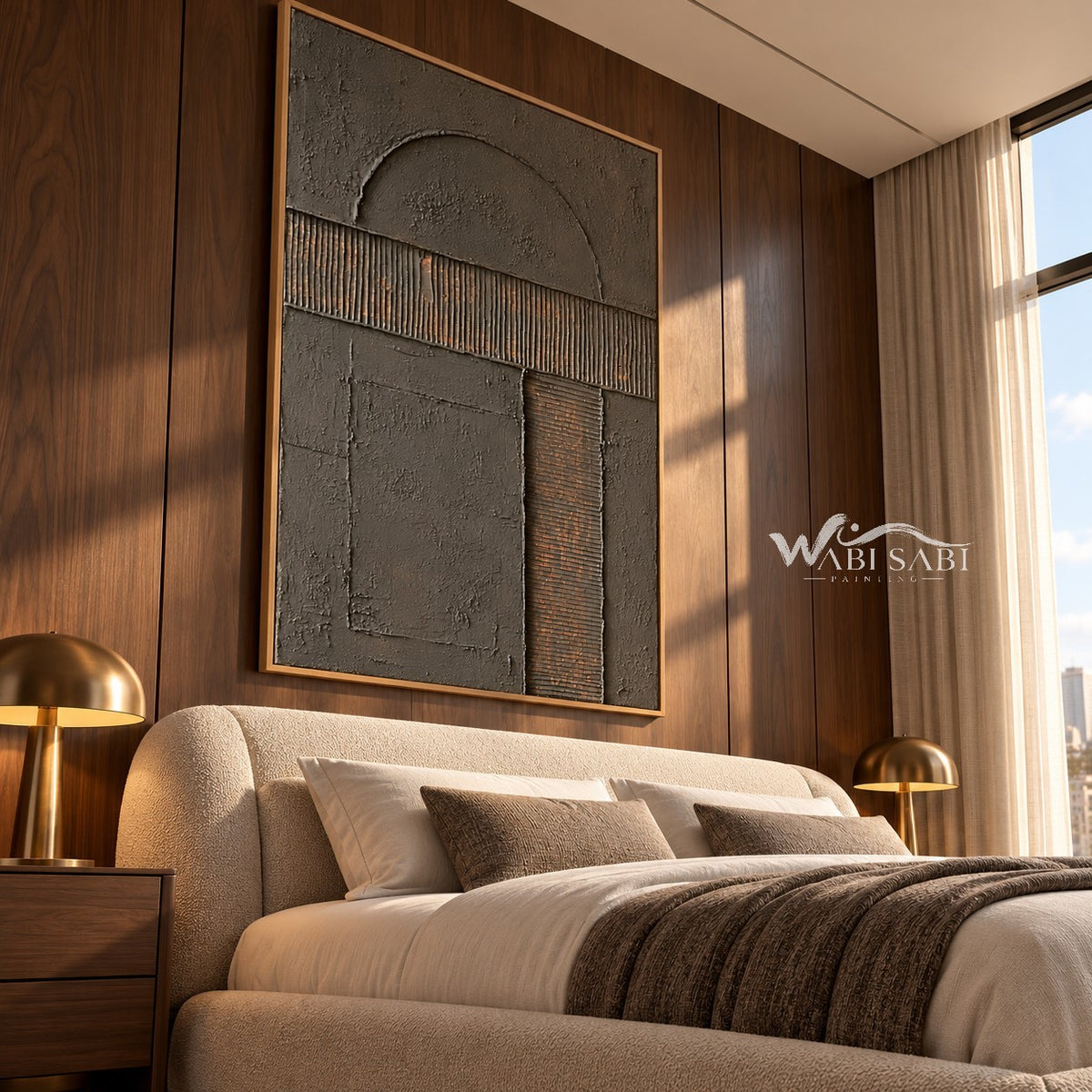 Half Circle in Charcoal Painting shown in a bedroom.