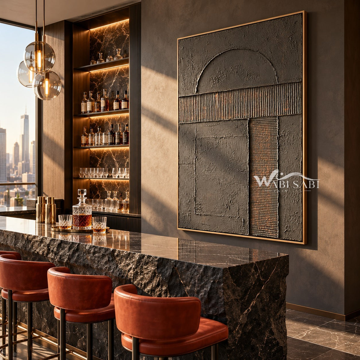 Half Circle in Charcoal Painting shown in a bar area.