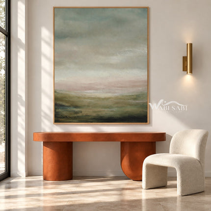 Hazy Sage Hills Landscape Painting shown above a console.