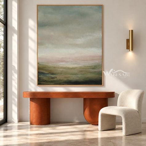 Hazy Sage Hills Landscape Painting shown above a console.
