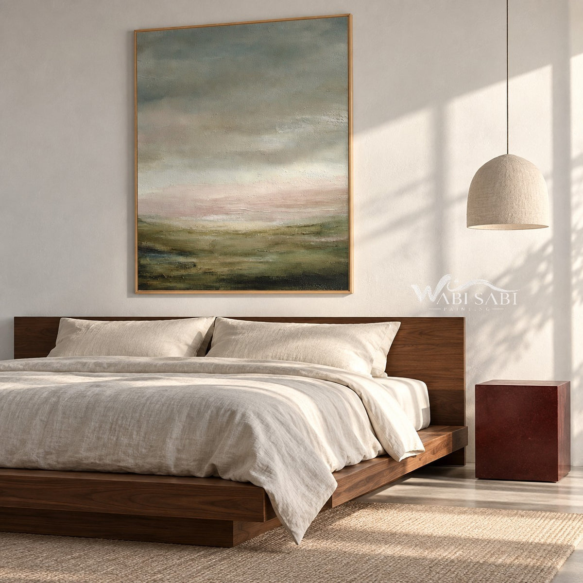 Hazy Sage Hills Landscape Painting shown in a bedroom.