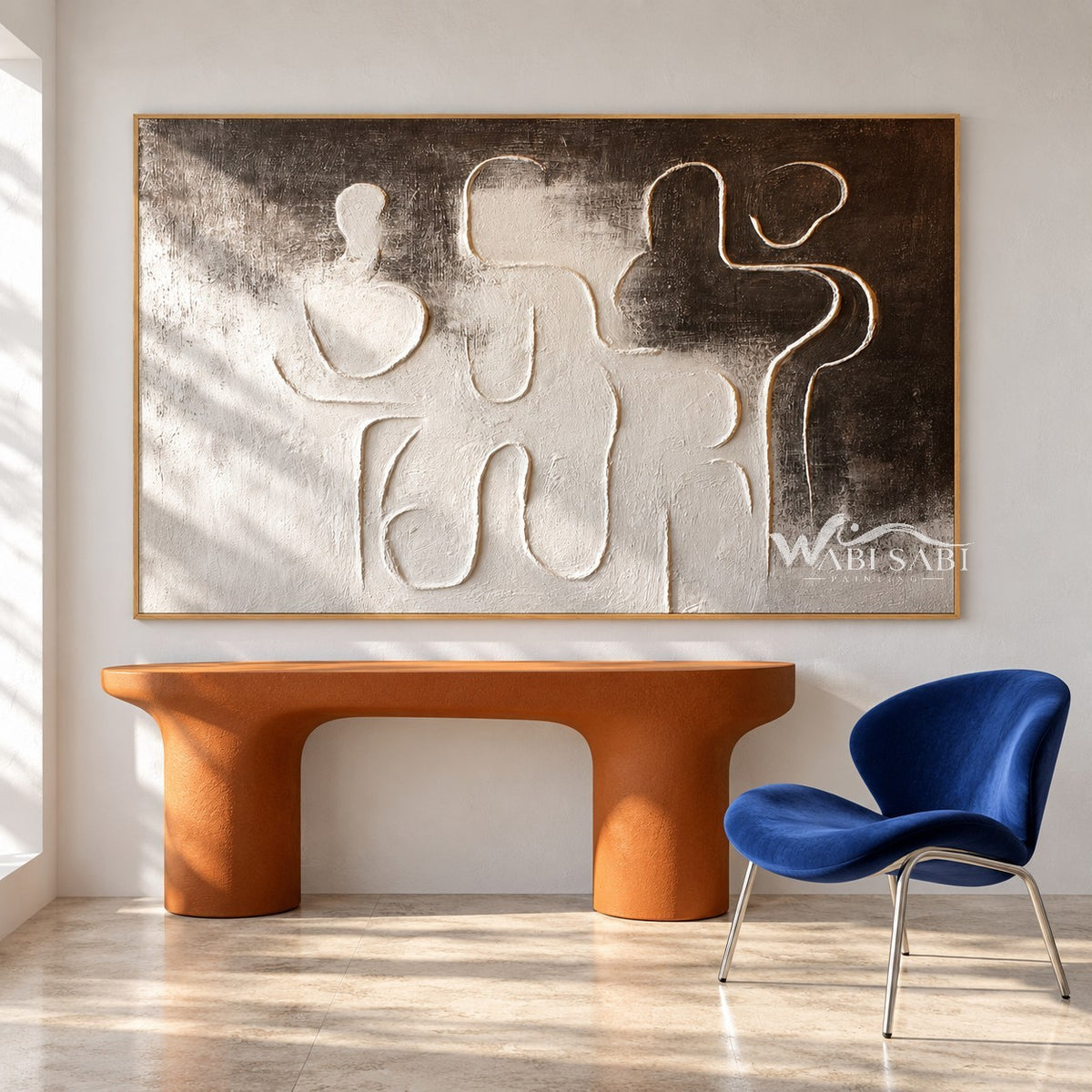 Interlocking Black and White Figures Painting shown above a console.