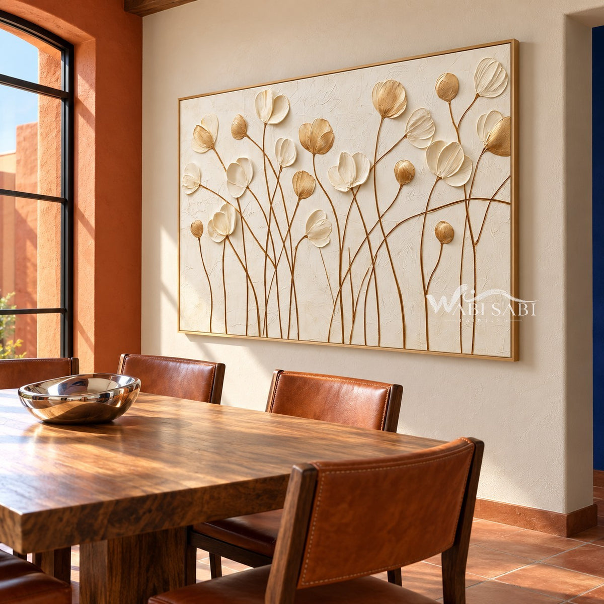 Ivory and Gold Wildflower Stems shown in a dining area.