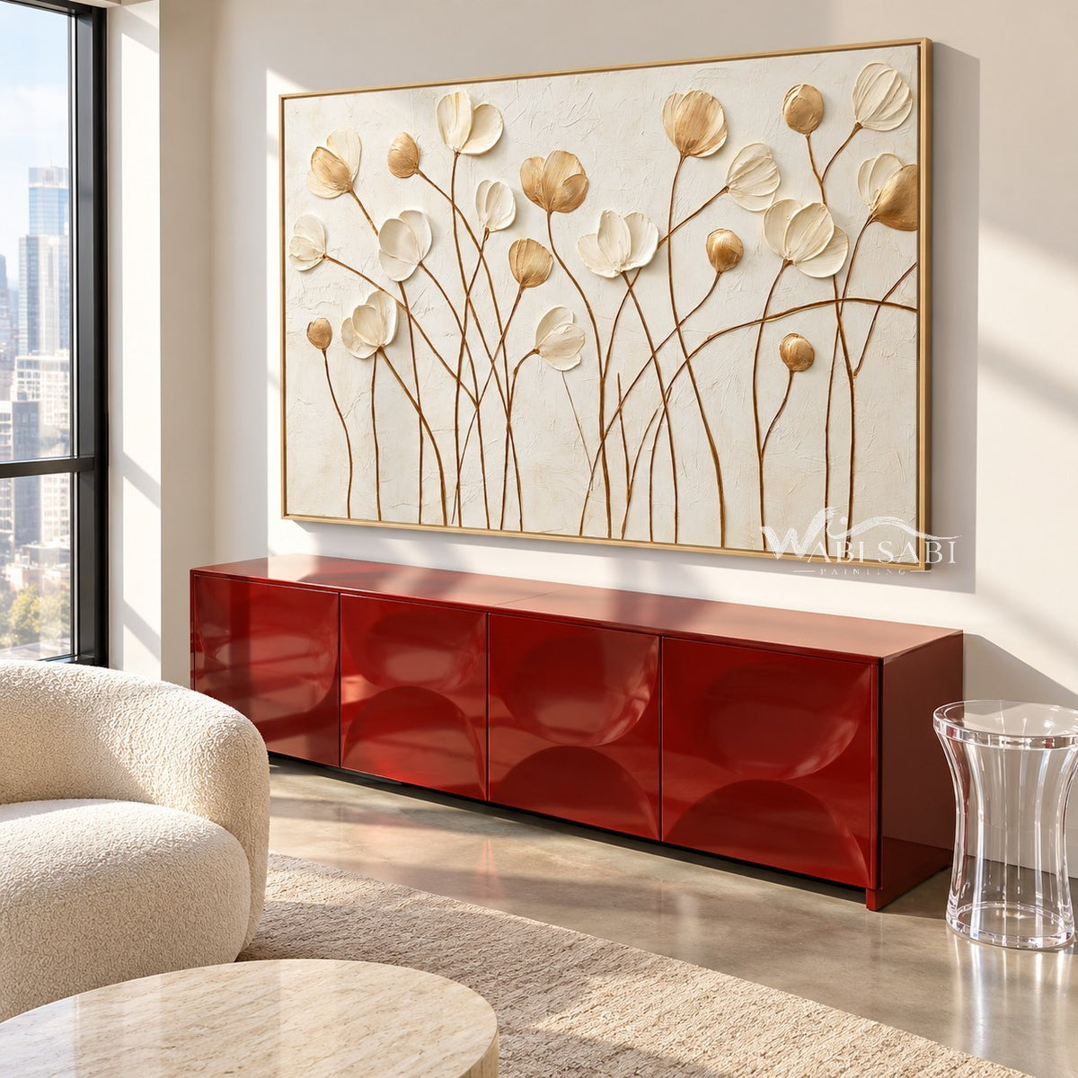 Ivory and Gold Wildflower Stems shown in a seating area.