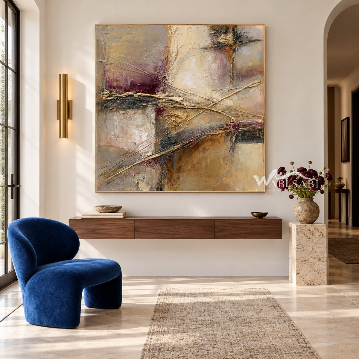 Ivory and Taupe Crossing Strokes Painting shown above a console.