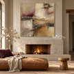 Ivory and Taupe Crossing Strokes Painting shown near a fireplace.
