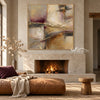 Ivory and Taupe Crossing Strokes Painting shown near a fireplace.