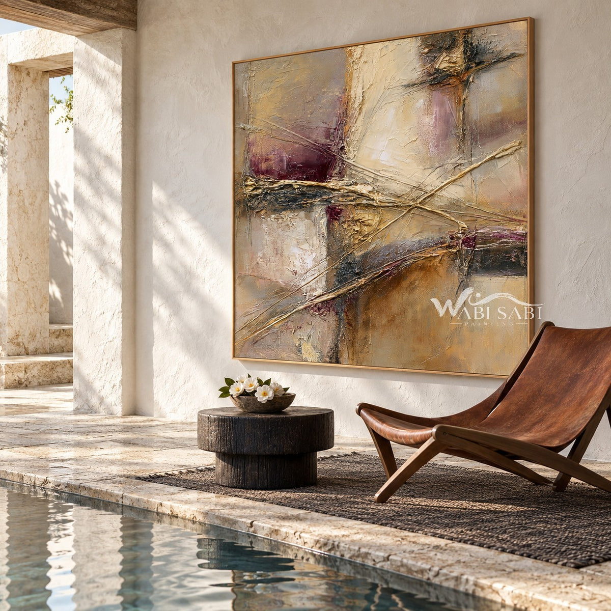 Ivory and Taupe Crossing Strokes Painting shown in a poolside interior.