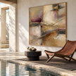 Ivory and Taupe Crossing Strokes Painting shown in a poolside interior.