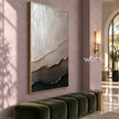 Ivory and Taupe Layered Ridge Painting shown above a bench.