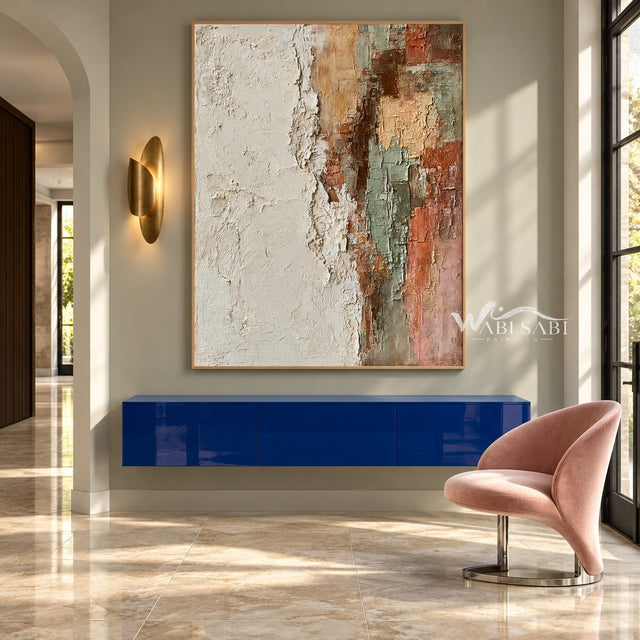 Ivory and Terracotta Broken Block Painting shown above a console.