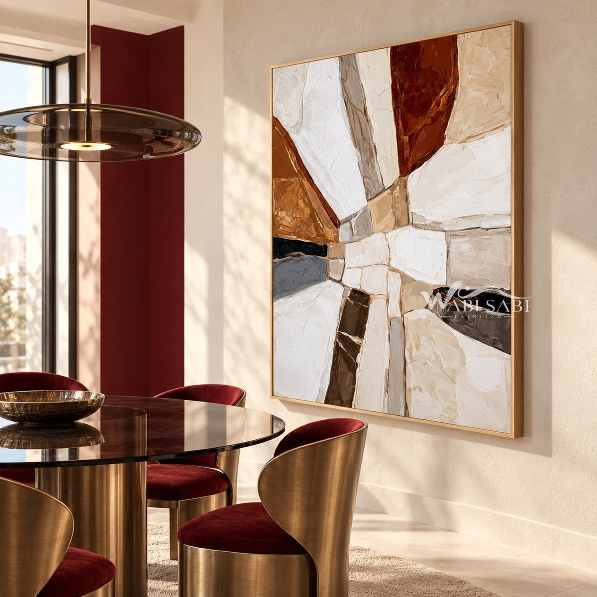 Ivory Crossroads Geometric Painting shown in a dining area.