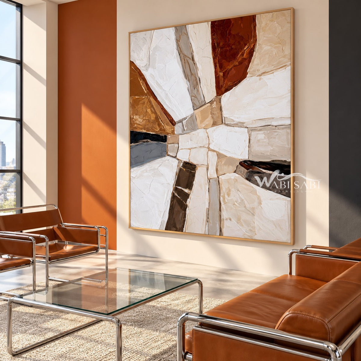 Ivory Crossroads Geometric Painting shown in a seating area.