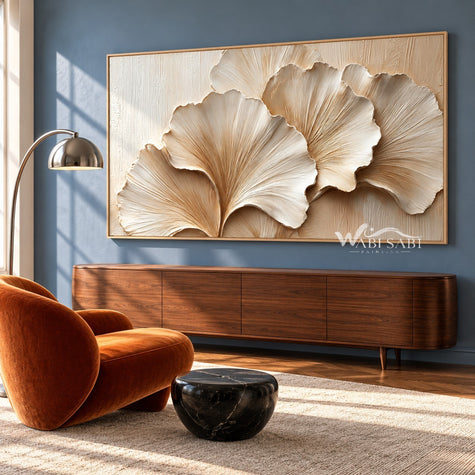 Ivory Fan Leaves Textured Wall Art shown in a seating area.