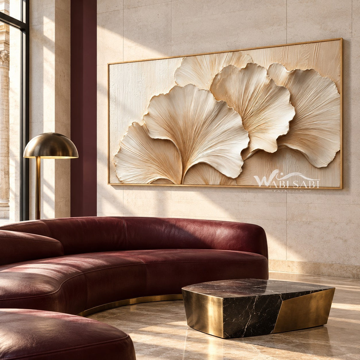 Ivory Fan Leaves Textured Wall Art shown above a sofa.