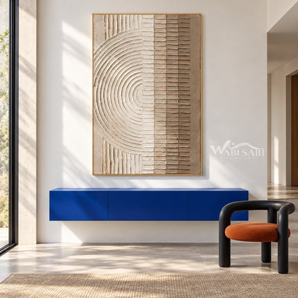 Ivory Half Circle and Bar Texture Painting shown above a console.