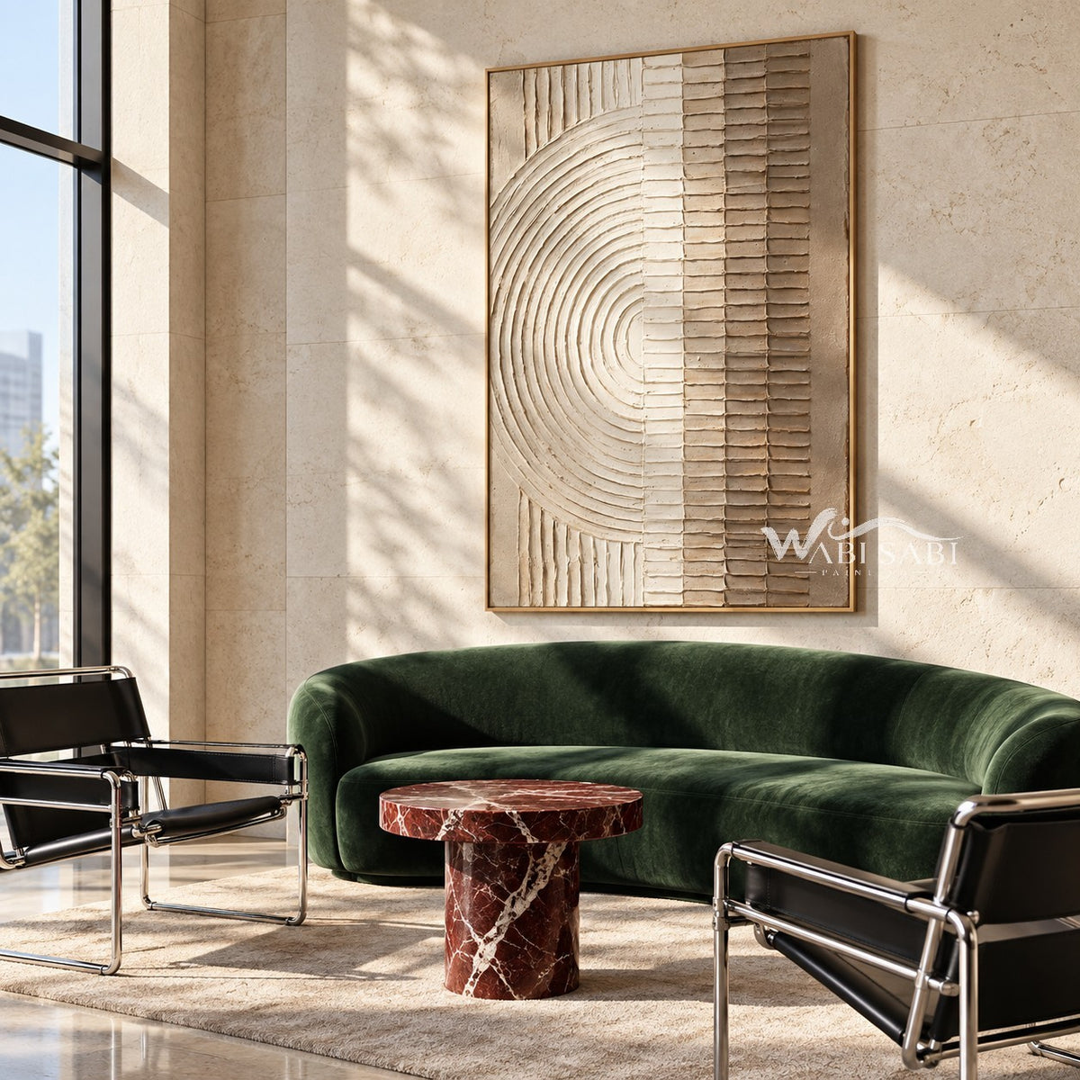Ivory Half Circle and Bar Texture Painting shown in a living room with a sofa.