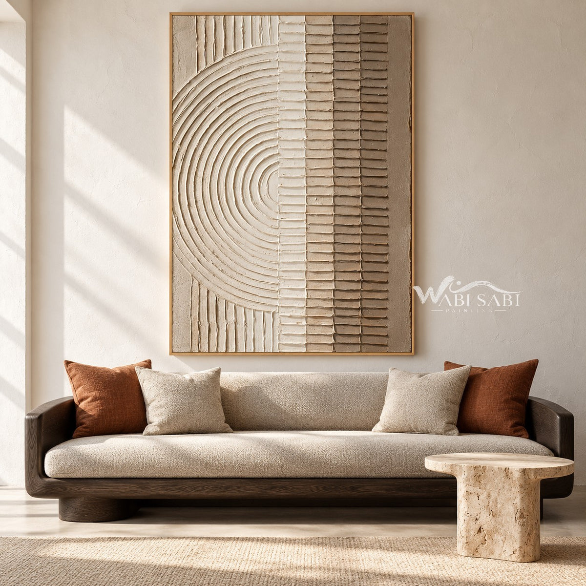 Ivory Half Circle and Bar Texture Painting shown in a living room with a sofa.