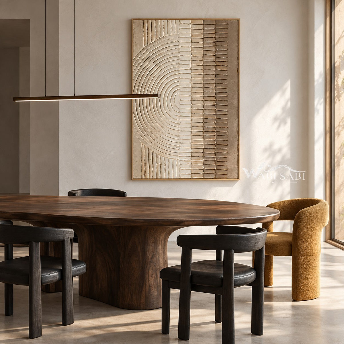 Ivory Half Circle and Bar Texture Painting shown in a dining area.