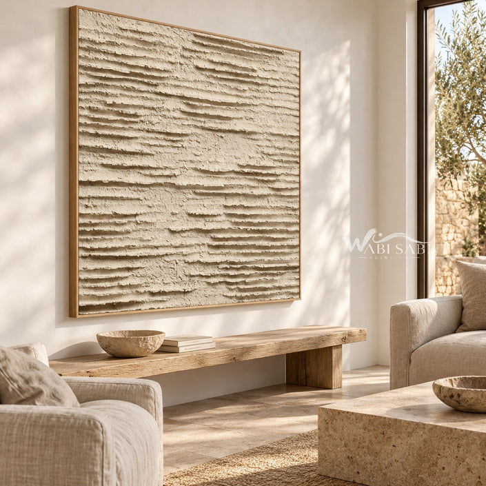 Ivory Layered Terrain Painting shown in a seating area.