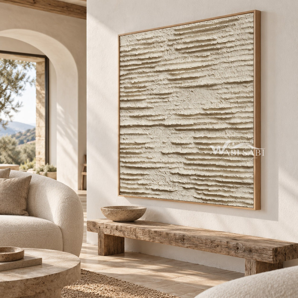 Ivory Layered Terrain Painting shown in a seating area.