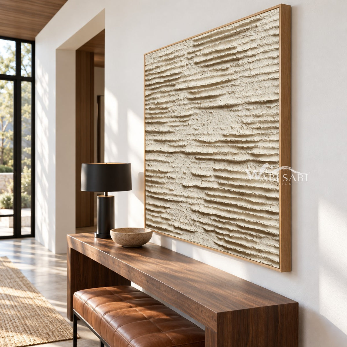 Ivory Layered Terrain Painting shown above a bench.