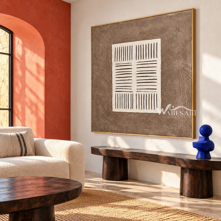 Ivory Line Study on Taupe shown in a seating area.