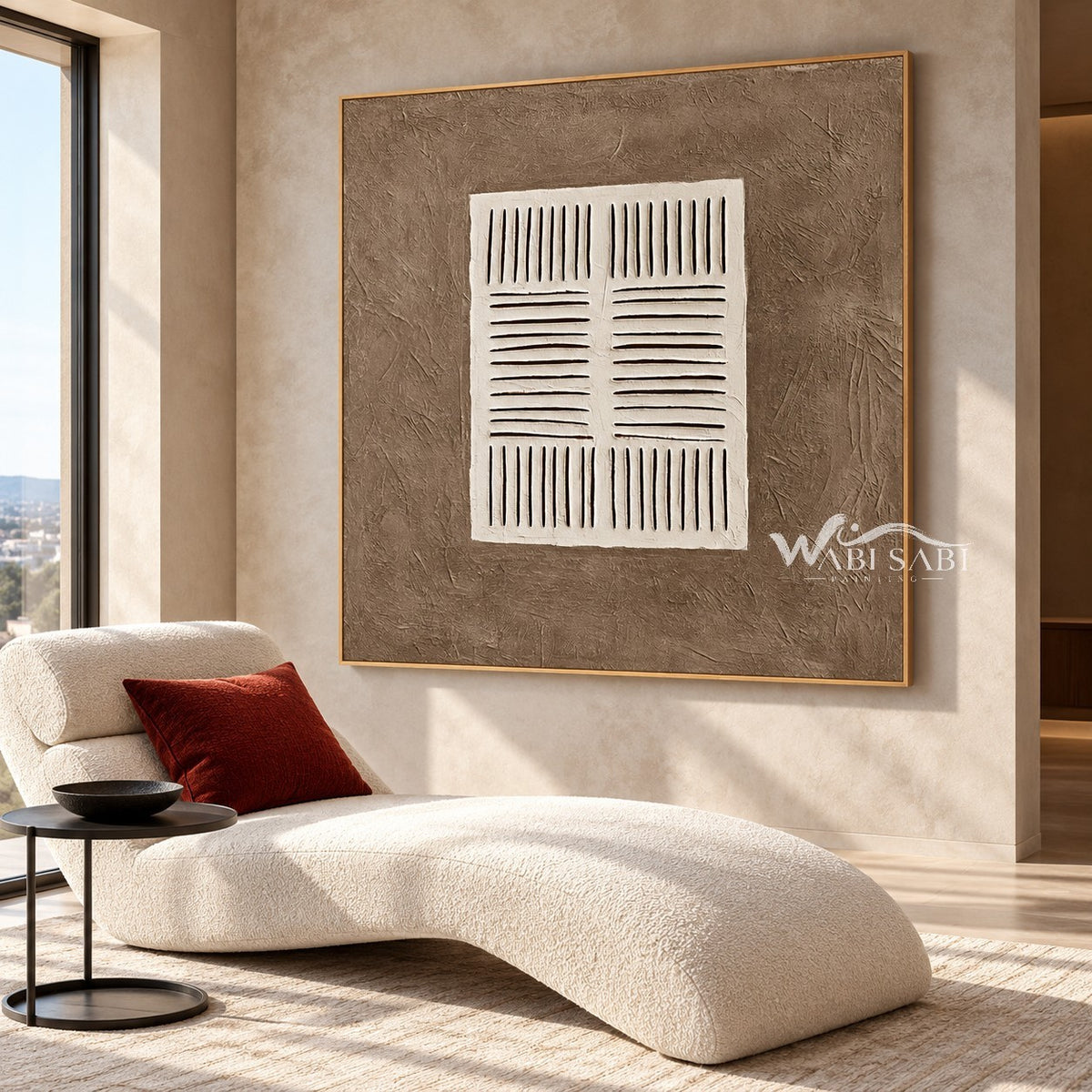 Ivory Line Study on Taupe shown in a seating area.