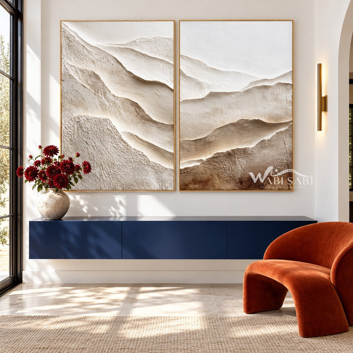 Ivory Mountain Layers Diptych Painting shown above a console.