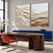 Ivory Mountain Layers Diptych Painting shown in a workspace.