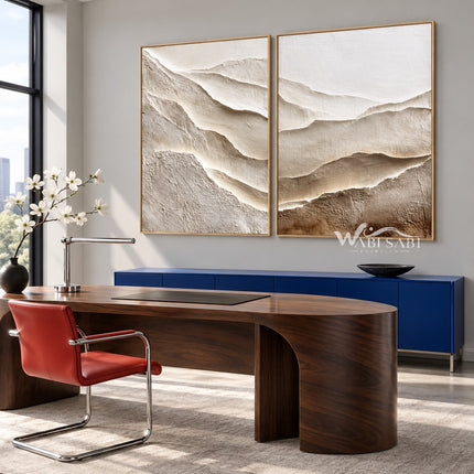 Ivory Mountain Layers Diptych Painting shown in a workspace.