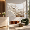 Ivory Mountain Layers Diptych Painting shown in a seating area.
