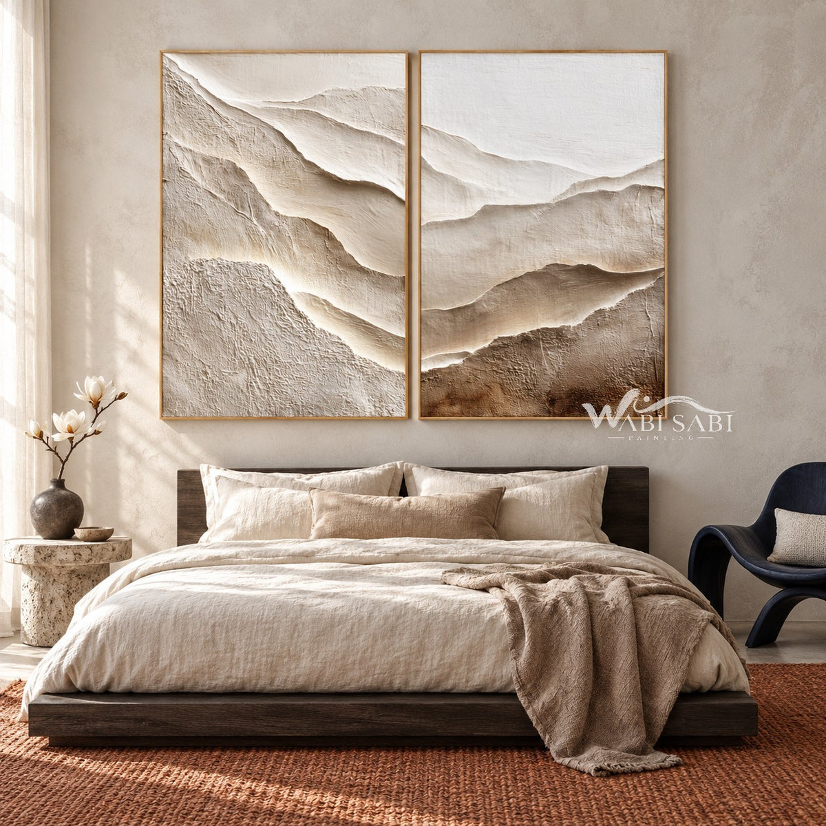 Ivory Mountain Layers Diptych Painting shown in a bedroom.