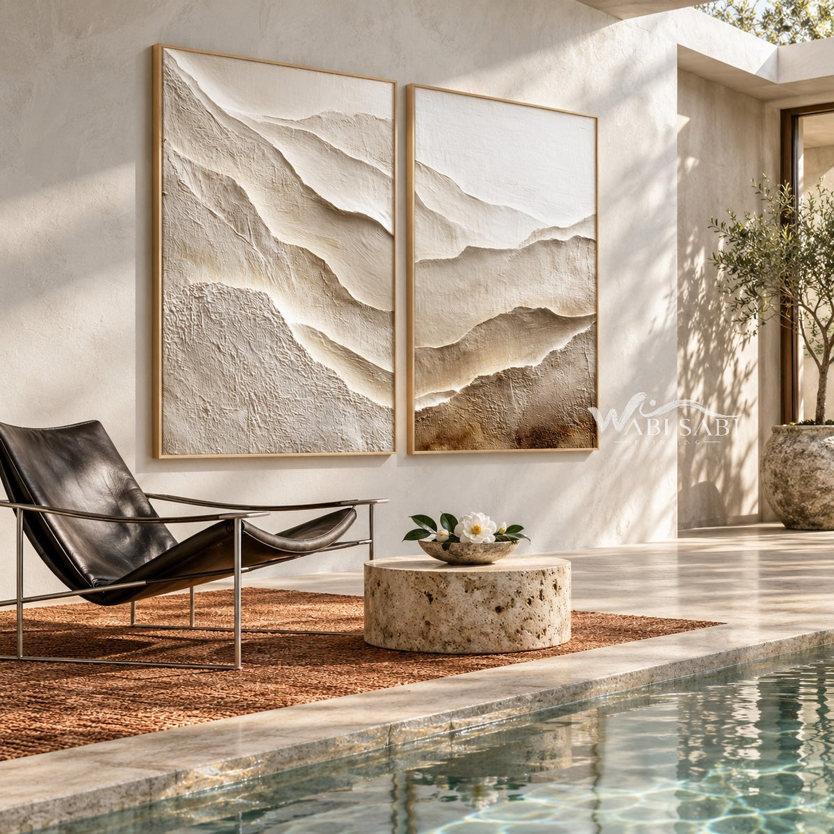Ivory Mountain Layers Diptych Painting shown in a poolside interior.