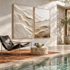 Ivory Mountain Layers Diptych Painting shown in a poolside interior.
